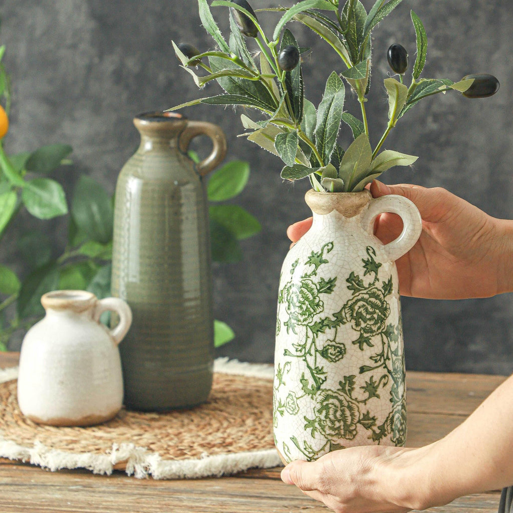 Vintage Vase Set of 3 with Handle, Ceramic Vintage Rustic Vases Home Decor Farmhouse Decorative Vase Pottery Decor