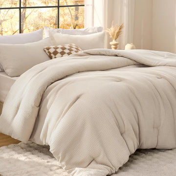 Beige Comforter Set, Waffle Ultra Soft Bedding 3 Pieces