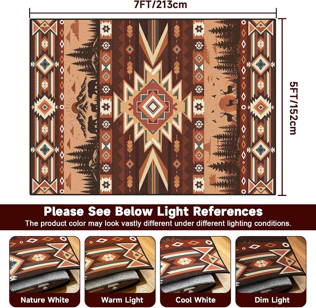 Western Aztec Area Rug, 5x7 Vintage Rustic Cabin Bear Deer Southwest Tribal Rugs, Machine Washable Non‐Slip Stain