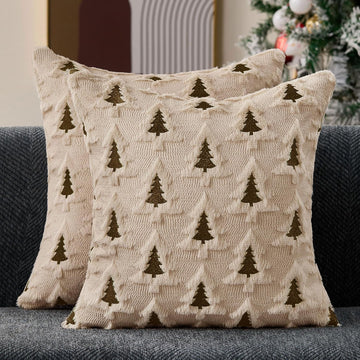 Christmas Pillow Covers 20x20 Beige Brown Xmas Tree Pillow Covers Soft Plush Faux Fur Christmas Decorations - Set of 2