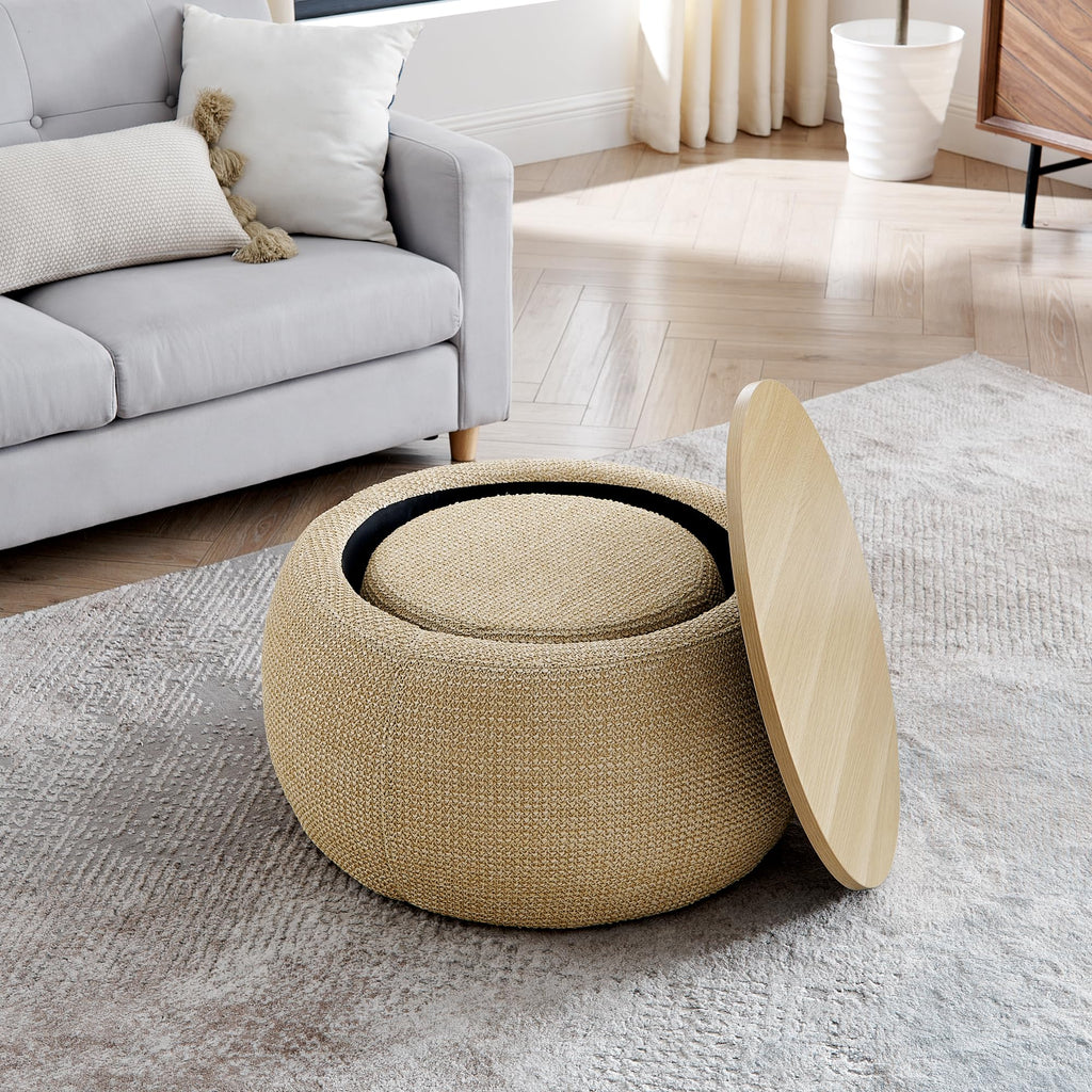Round Storage Coffee Table Ottoman, Woven Rattan Fabric 2-in-1 Hidden Storage Center Table with Removable Seat