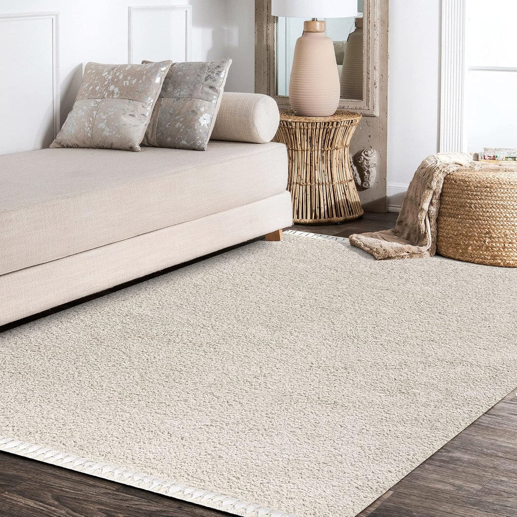Mercer Shag Plush Tassel Cream Indoor Area Rug, Contemporary, Modern, Easy-Cleaning, Pet Friendly
