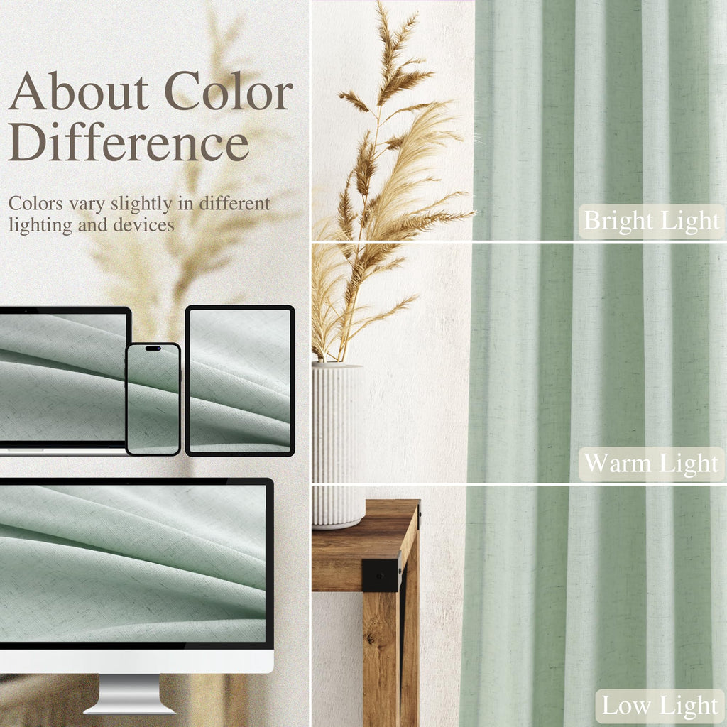 Pinch Pleat Linen Curtains 90 Inches Long Bedroom Semi Sheer Light Filtering Back Tab Aqua Green Rustic Farmhouse