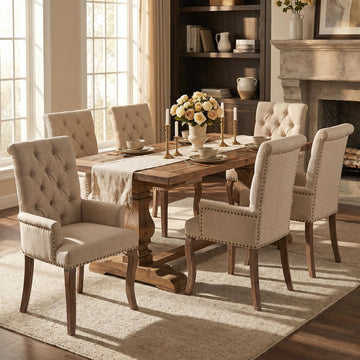Upholstered Chenille Fabric Dining Chairs with Arms Set of 6, Tufted High Back Dining Room Chairs with Curved