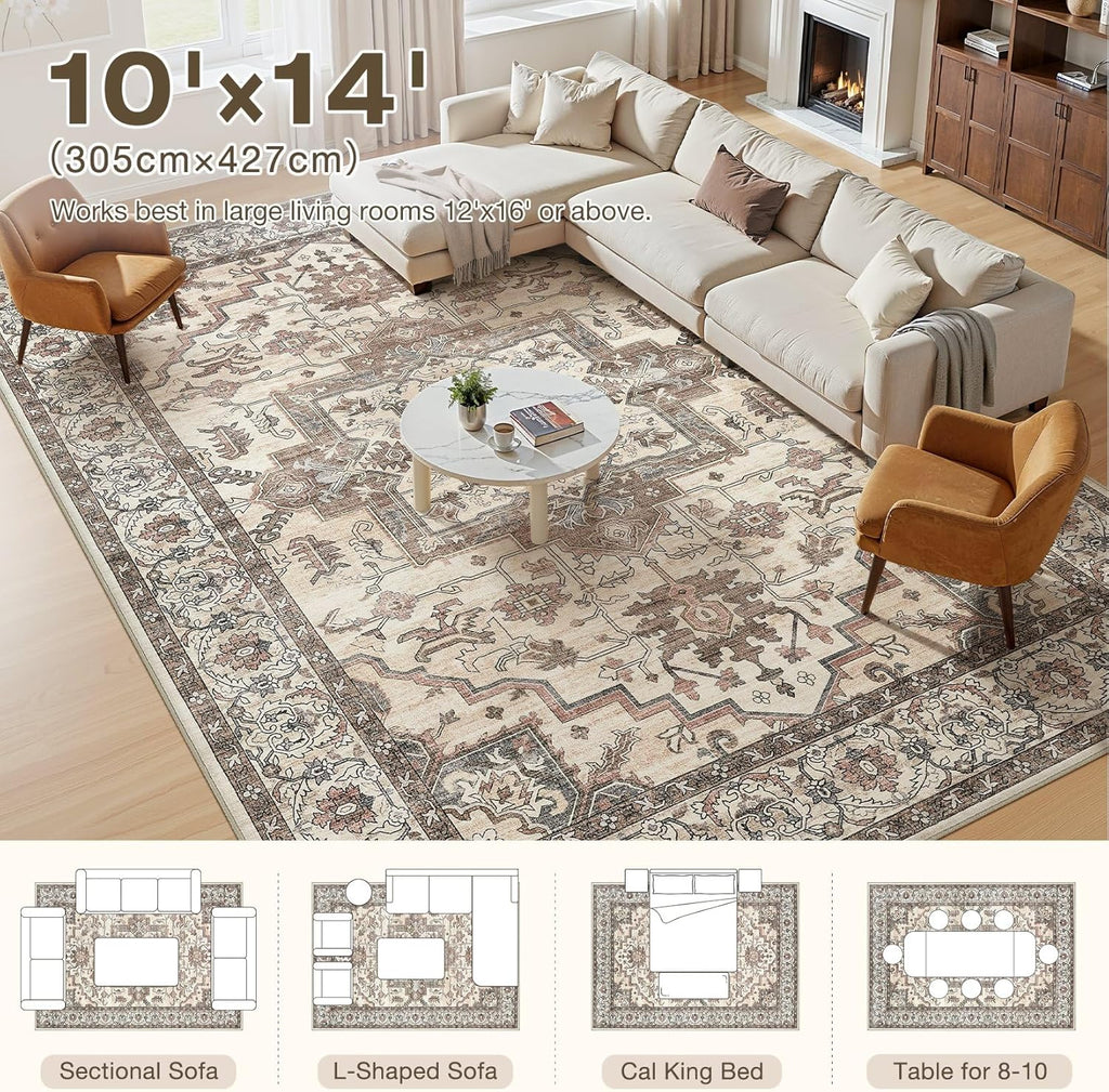 10x14 Area Rugs Living Room: Washable Vintage Rug Large Non-Slip Stain Resistant Ultra Soft Low Pile