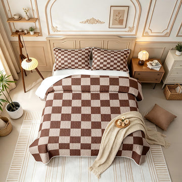 Brown Khaki Plaid Quilted Bedspread Set, Gingham Microfiber Lightweight, Retro Neutral Checkerboard Geometric
