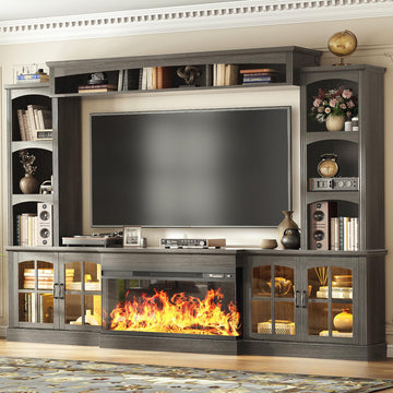 98" Farmhouse TV Stand with 36" Electric Fireplace, Large Entertainment Center, Wall Unit Media Console with
