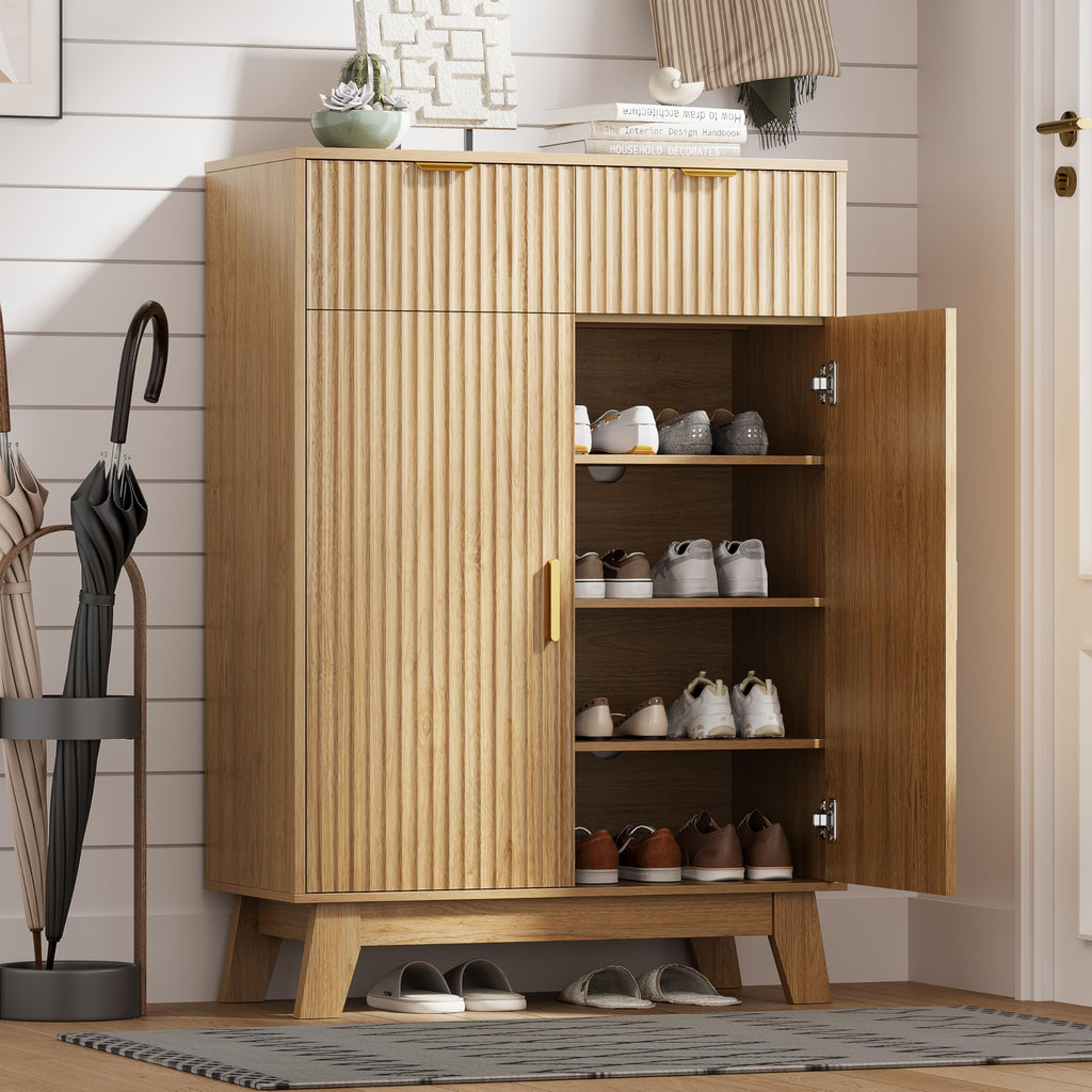 4 Tier Fluted Shoe Cabinet Storage, Oak