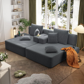 Double Chaise Lounge Indoor, Oversized Corduroy Boneless Couch, Dark Grey