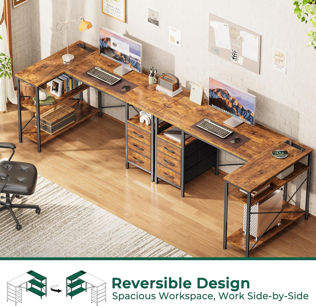 L Shaped Office Desk with Power Outlets, 47 Inch Computer Desk with 3 Drawers, Shelves, for Gaming, Corner Work