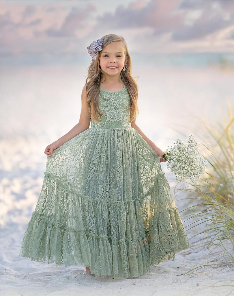 Flower Girl Dress Ruffle Lace Boho Toddler Dresses Sleeveless