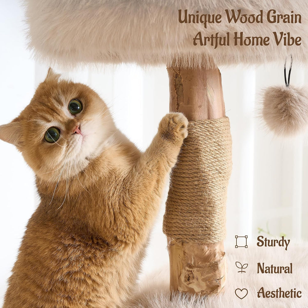 54" Modern Aesthetic Cat Tree Tower for Indoor Cats with Branch-Style Natural Wood Scratching Posts, Luxury Plush