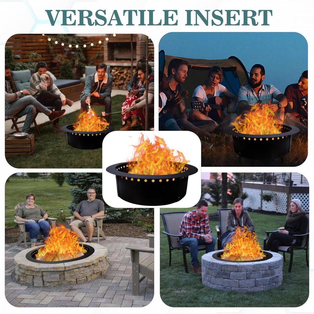 Smokeless Fire Pit Insert - Steel 36" Round Foldable Fire Pit Ring with Air Vents and Coller Support - DIY Fire Ring