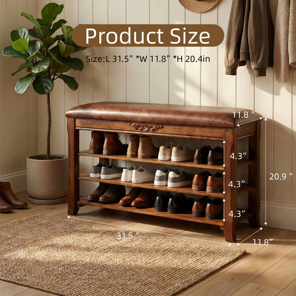 Shoe Rack Bench Entryway Storage with Leather Cushion, 31.5"