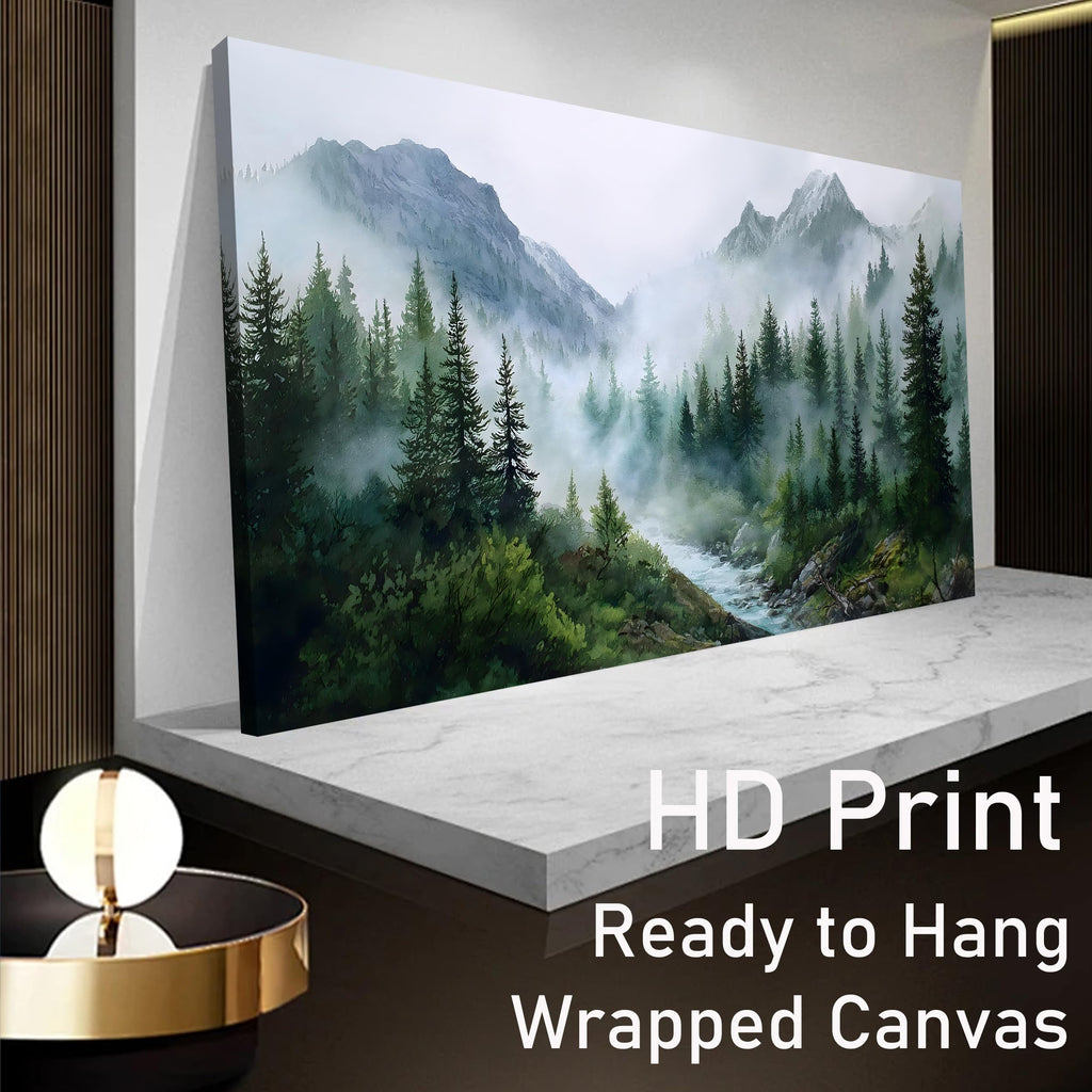 Large Misty Forest Wall Art Green Mountain Landscape Canvas Prints with Trees and River Modern Nature Artwork Office
