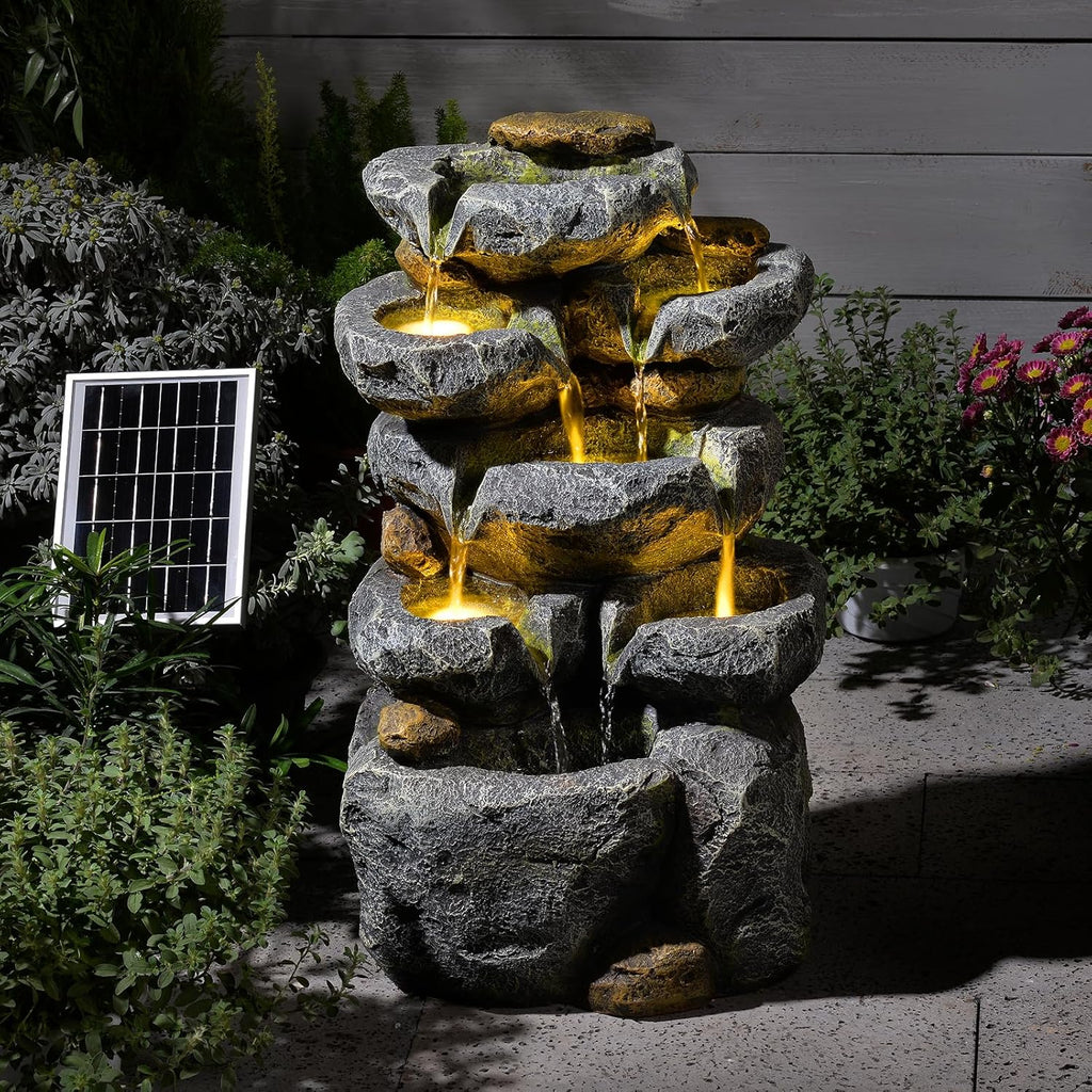 5 Tiered Solar Powered Water Fountain, Solar Water Fountain Outdoor Garden Cascading Rock Water Fall Fountains