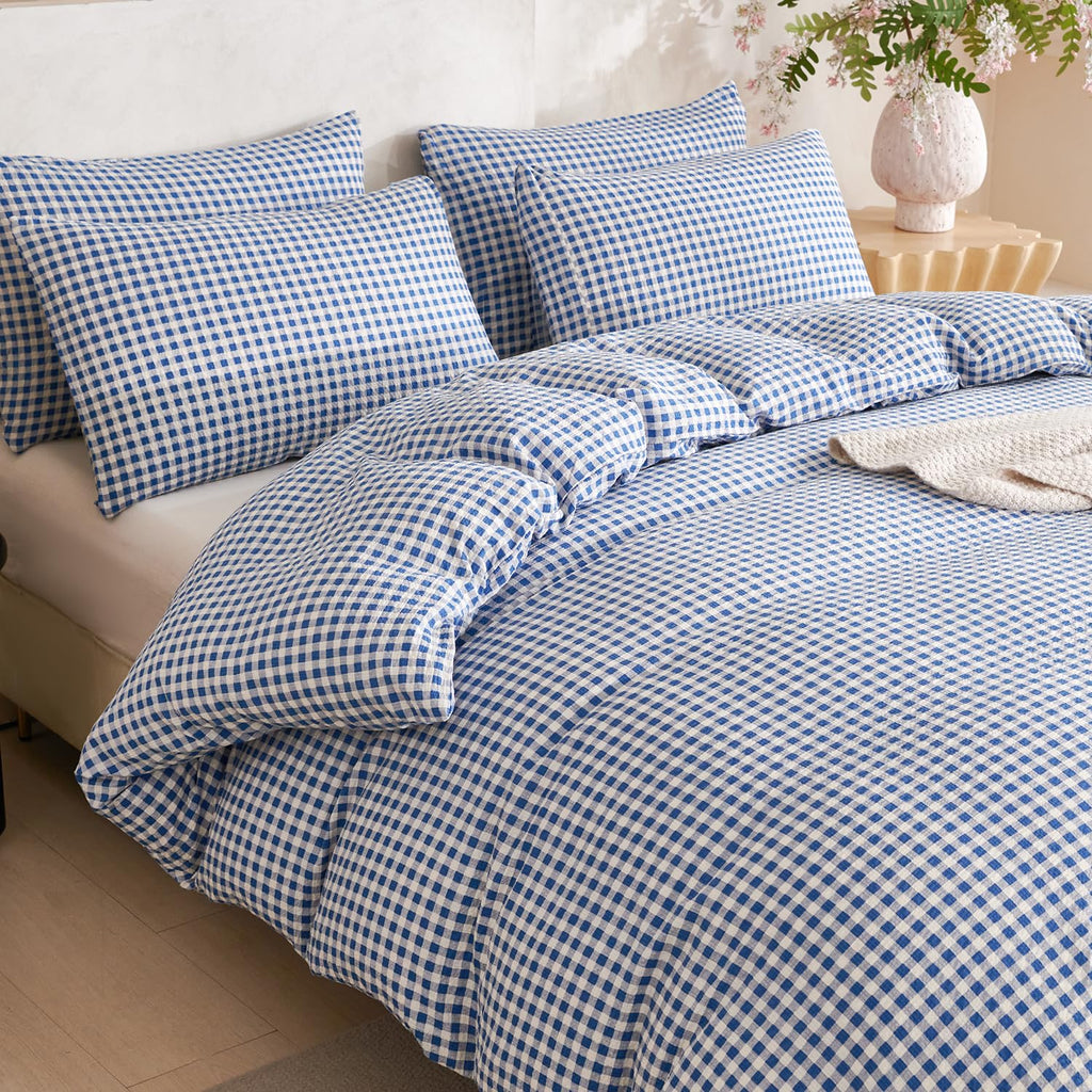 Duvet Cover Set Grid Blue 100% Soft Washed Microfiber Jacquard 3 Pieces Grid Bedding Sets Blue White Duvet