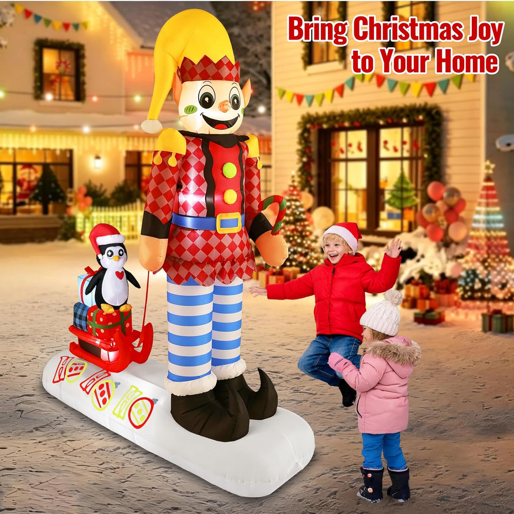 8FT Christmas Inflatables Solider with Pinguin on Sled, Giant Christmas Outdoor Decor Bulit-in LED Lights, Blow Up