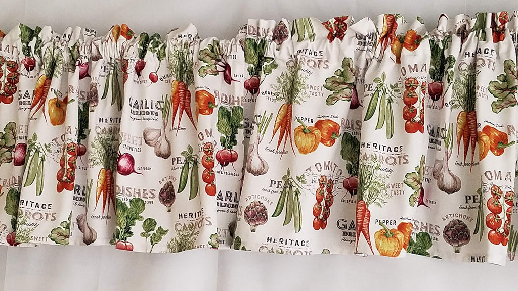 Vegetable Farm Fresh Kitchen Curtain, Farm Themed, Tomatoes, Carrots, Bell Peppers, White Kitchen Curtain (42-43