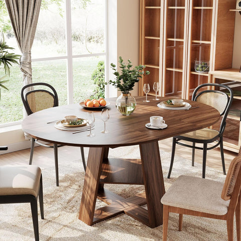 43.3in-59in Extendable Round Dining Table for 4-8 People, Modern Oval Kitchen Table with Storage Shelf & Removable