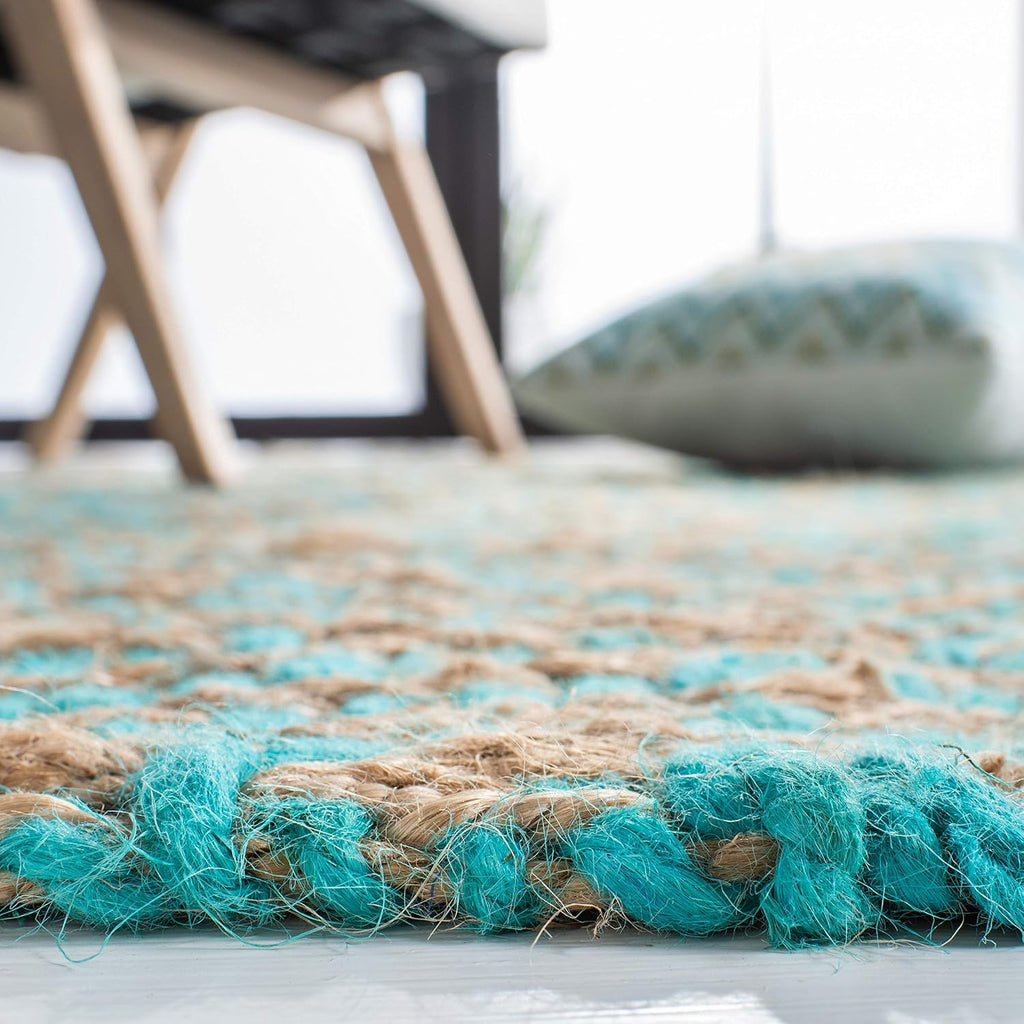 Natural Fiber Collection Area Rug - 6' Square, Turquoise & Natural, Handmade Boho Diamond Tassel Jute, Ideal for High