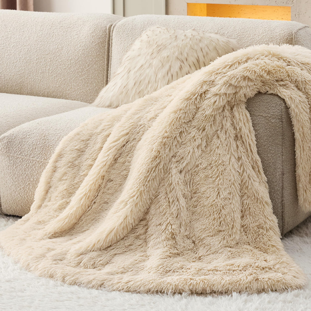 Faux Fur Fluffy Fleece Sherpa Blanket Couch Throw Beige 50"x60"