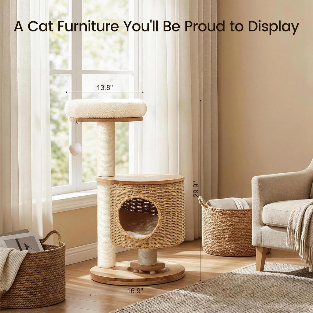 30-Inch Solid Wood Cat Tree Tower for Small to Medium Cats