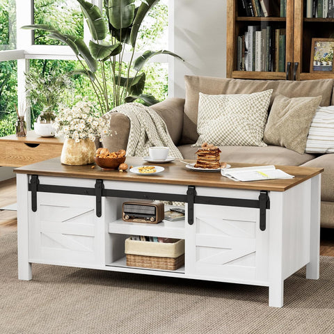 Farmhouse Coffee Table with Storage & Sliding Barn Doors, Modern Rustic Living Room Table with Adjustable Shelves