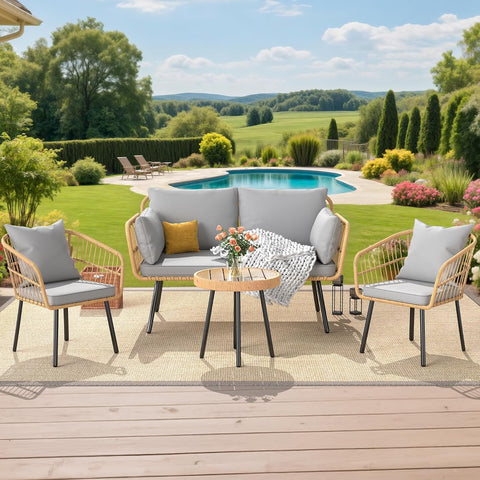 4 Pieces Patio Furniture Set, Outdoor Wicker Patio Conversation Set