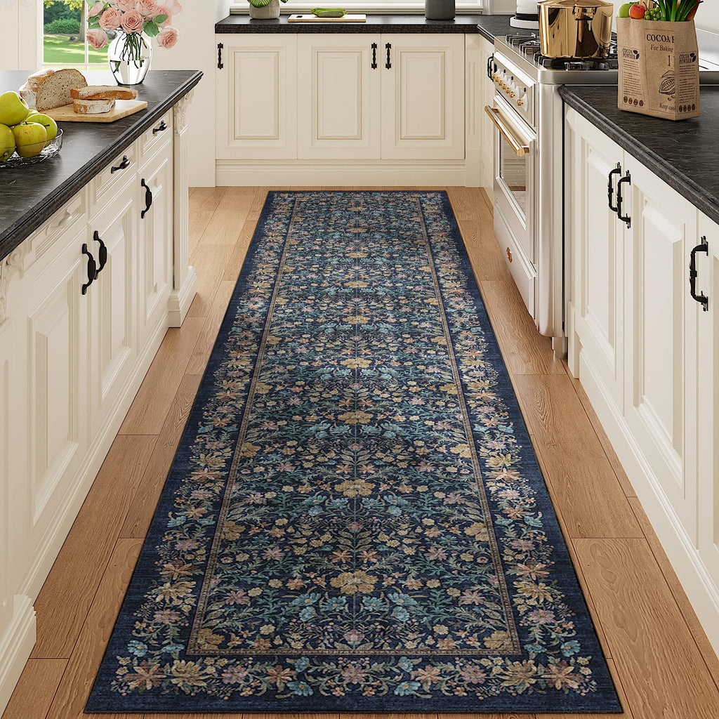 2x8 Runner Rug, Washable Vintage Floral Kitchen Rug, Dark Blue