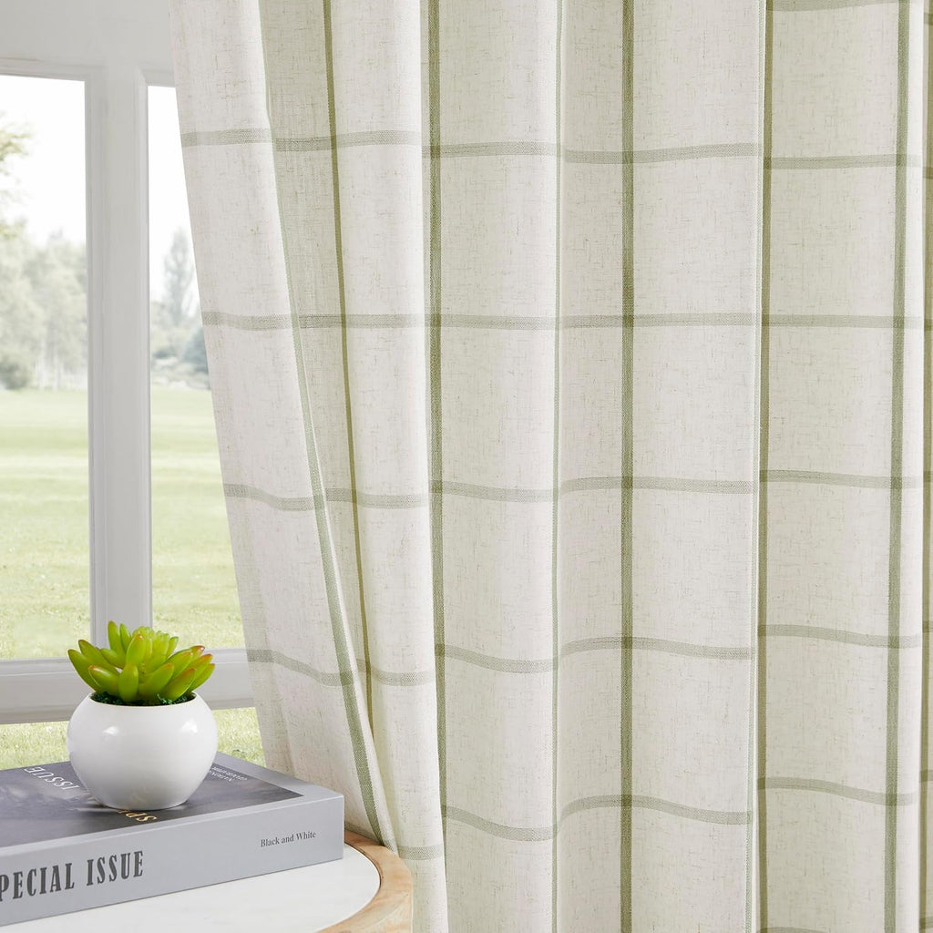 Sage Green Plaid Linen Pinch Pleated Semi Sheer Curtains Checkered Light Filtering Window Panels 84 inches Long for Living Room Bedroom Rustic Pleat Drapes with Back Tab Hooks 40" Wx84"Lx2