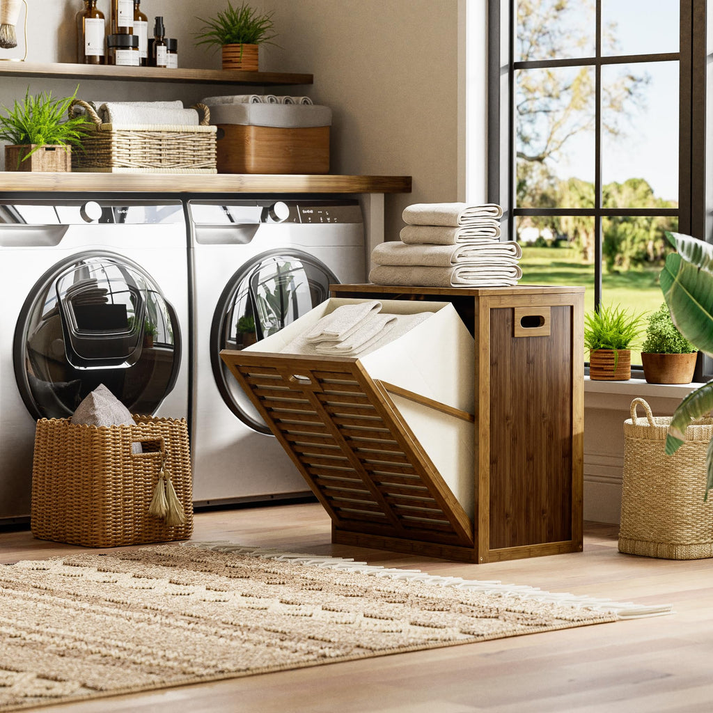 Bamboo Tilt Out Laundry Hamper, Bathroom Storage Cabinet with Hidden Removable Basket and 3 Sides Cutout Handles