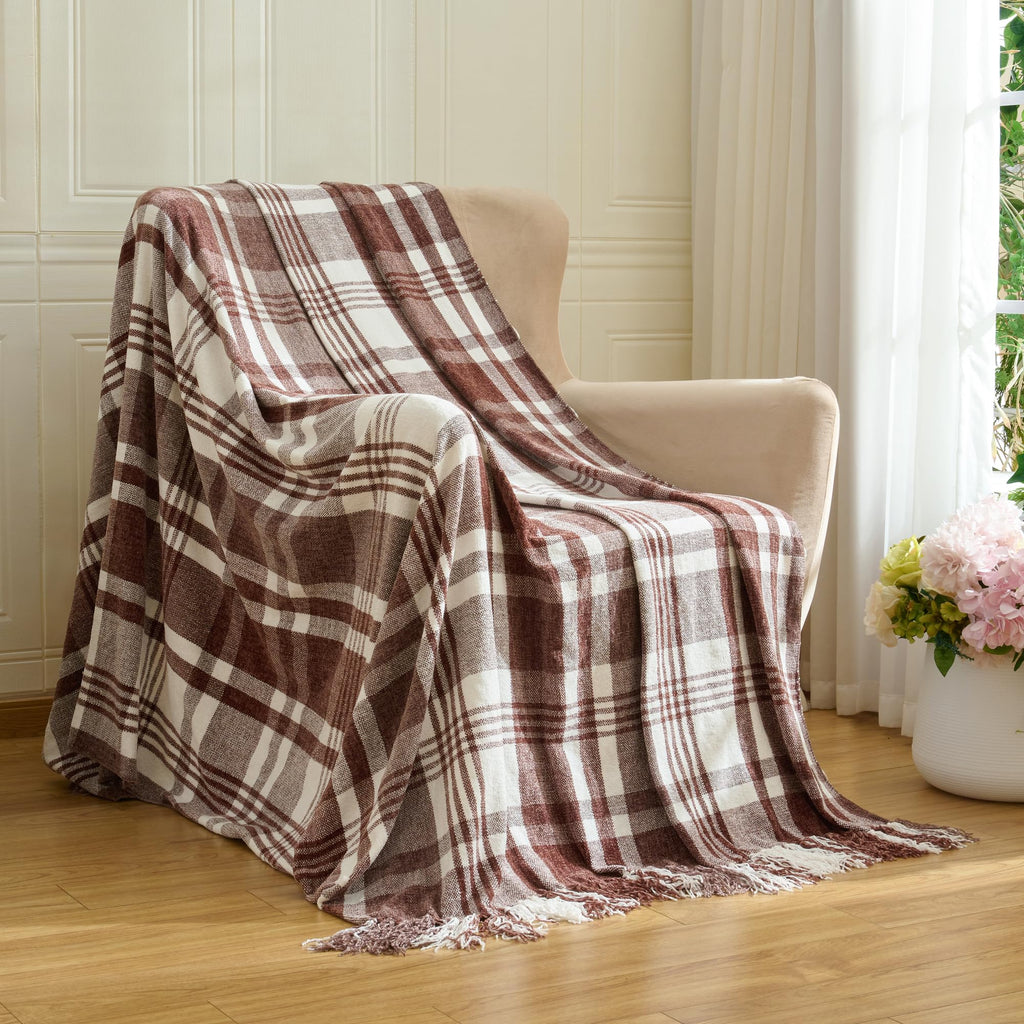 Chenille Throw Blanket Knotted Tassels 50x60, Dark Brown Plaid