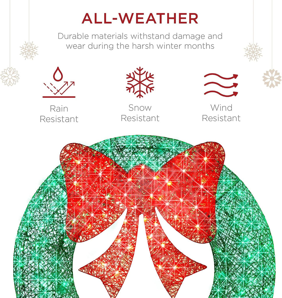 48in Pre-Lit Outdoor Christmas Wreath Decoration, LED Metal Holiday Decor w/ 140 Lights, Bow - Green/Red