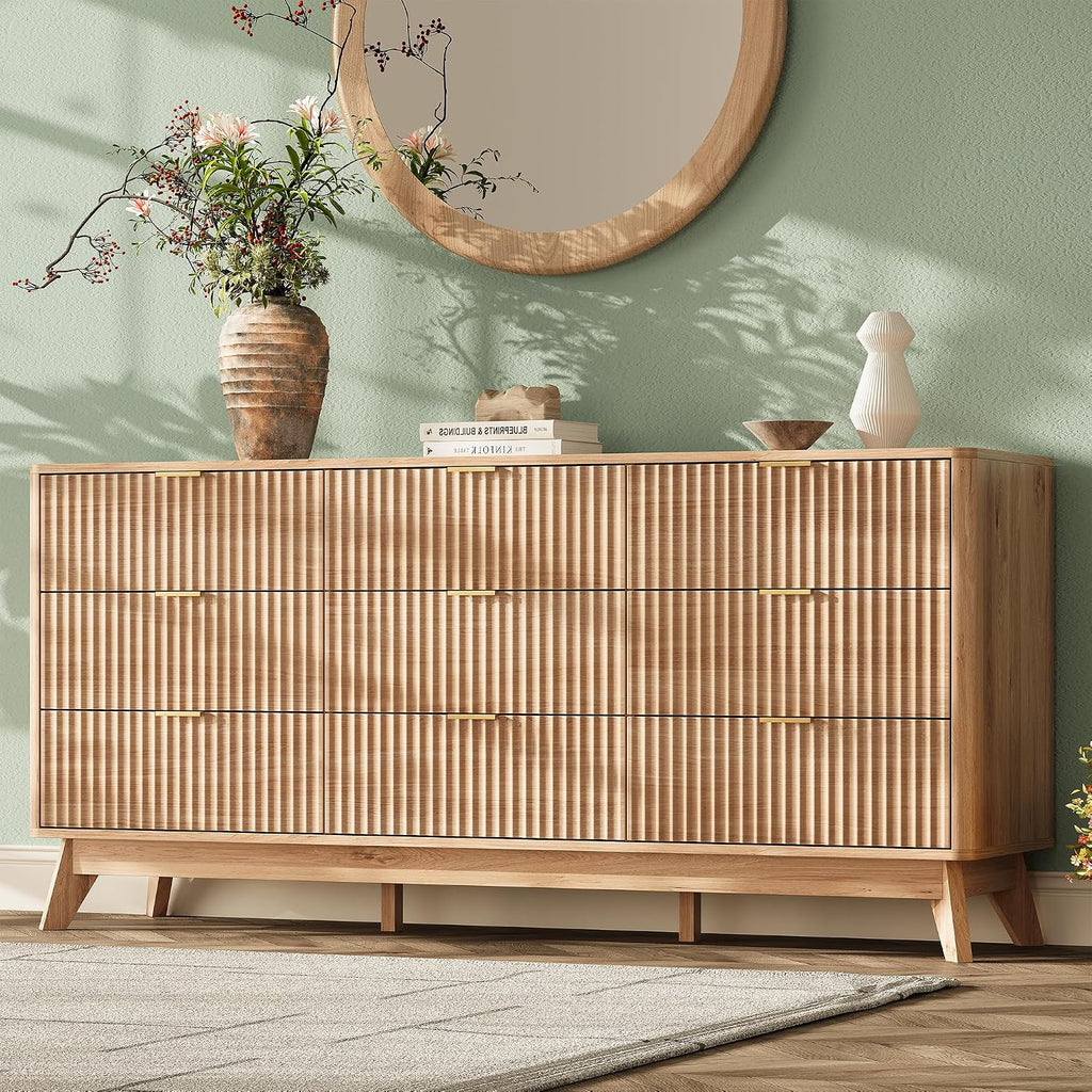 63'' Wide 9 Drawers Dresser ,Modern Fluted Vertical Chest with Rounded Corners,Fluted Dresser , Natural Wood