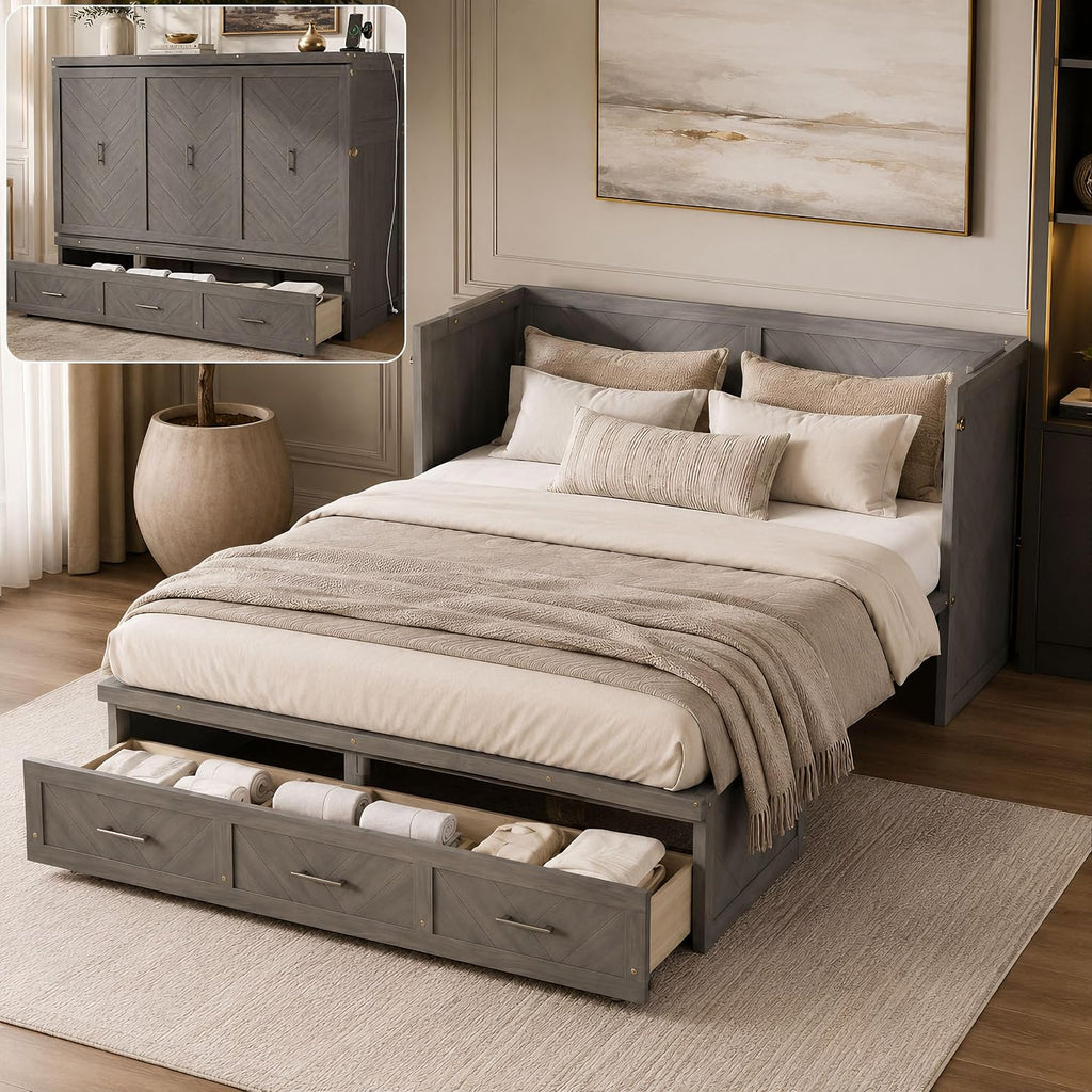 Queen Murphy Bed Cabinet with Storage, Space Saving Bed with USB Charging Station and Large 3-Compartment Drawer