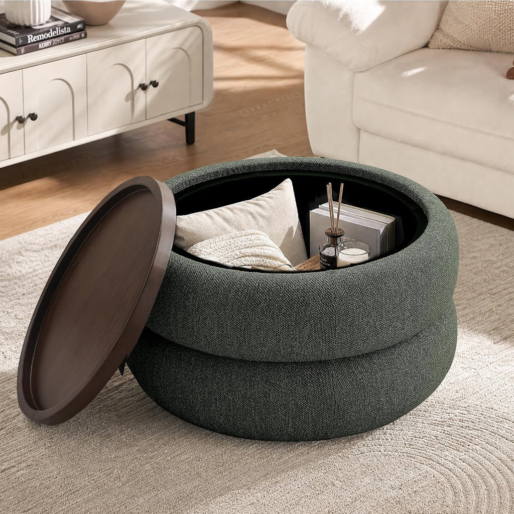 29.5" Round Boucle Storage Ottoman Coffee Table with Lift Off Lid (Green) | Upholstered Modern Ottoman with Storage