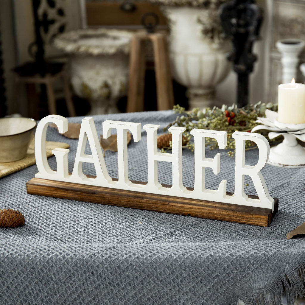 Rustic Wooden Gather Signs Decor 16", Distressed White
