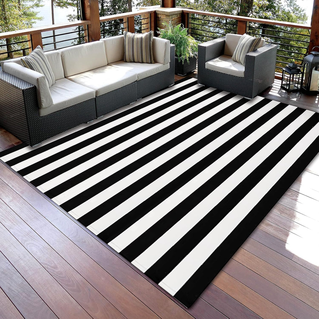 Cotton Black and White Striped Rug 8x10 Reversible Hand-Woven Washable Retro Lattice Striped Outdoor Rugs Black and