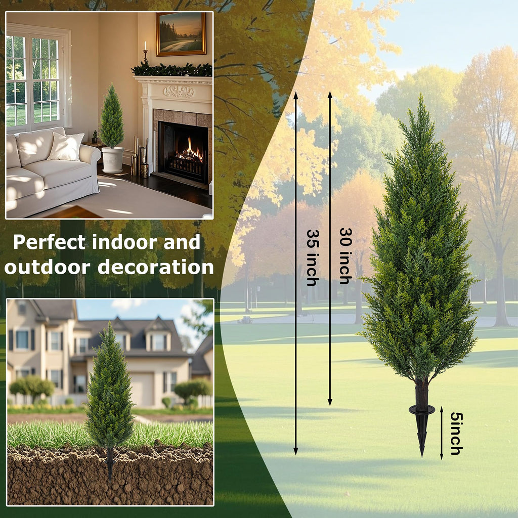 3FT Artificial Cedar Topiary Trees with Ground Spike, Set of 2 Faux Cypress Plants UV Resistant Artificial Pine