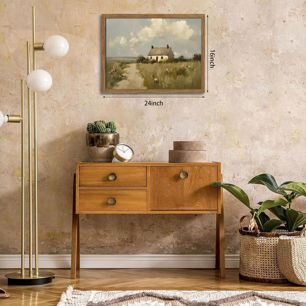 Vintage Wall Art, Framed English Countryside Cottage Painting Print, Country Farmhouse Canvas Wall Art, Rustic