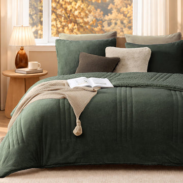 Comforter Sets Sherpa Fuzzy Bedding 3 Pieces, Deep Forest