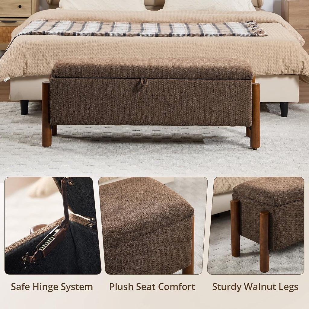 47'' Modern Storage Ottoman Benches with Walnut Wood Legs Ottoman Bench with 22 Gallons Storage Space Fabric