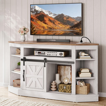 Corner TV Stand with Sliding Barn Door & Power, Storage, Grey Wash