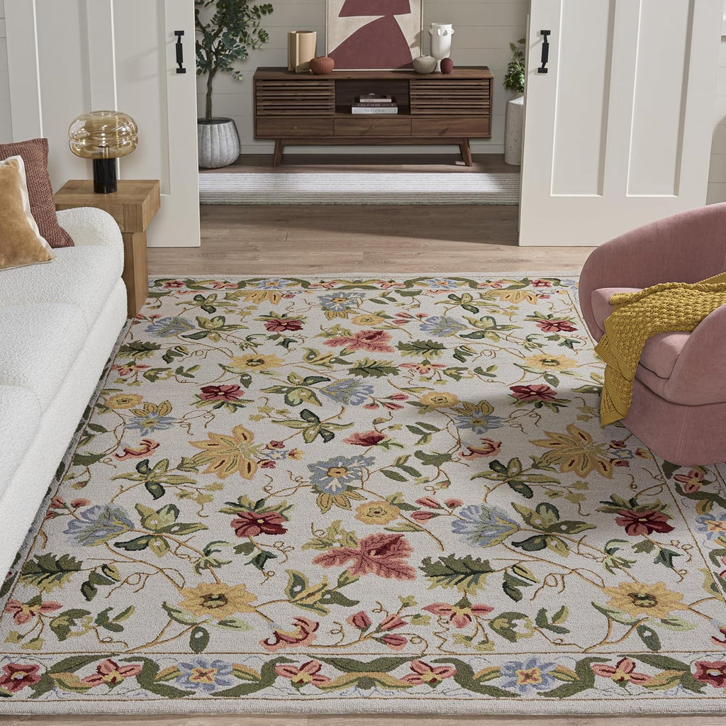 Chelsea Area Rug - 9' x 12', Grey, Hand-Hooked French Country Floral Wool
