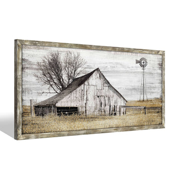 Barn Wall Art Decor Picture: Bedroom Framed Farmhouse Wooden Painting Rustic Horizontal Country Landscape Farm
