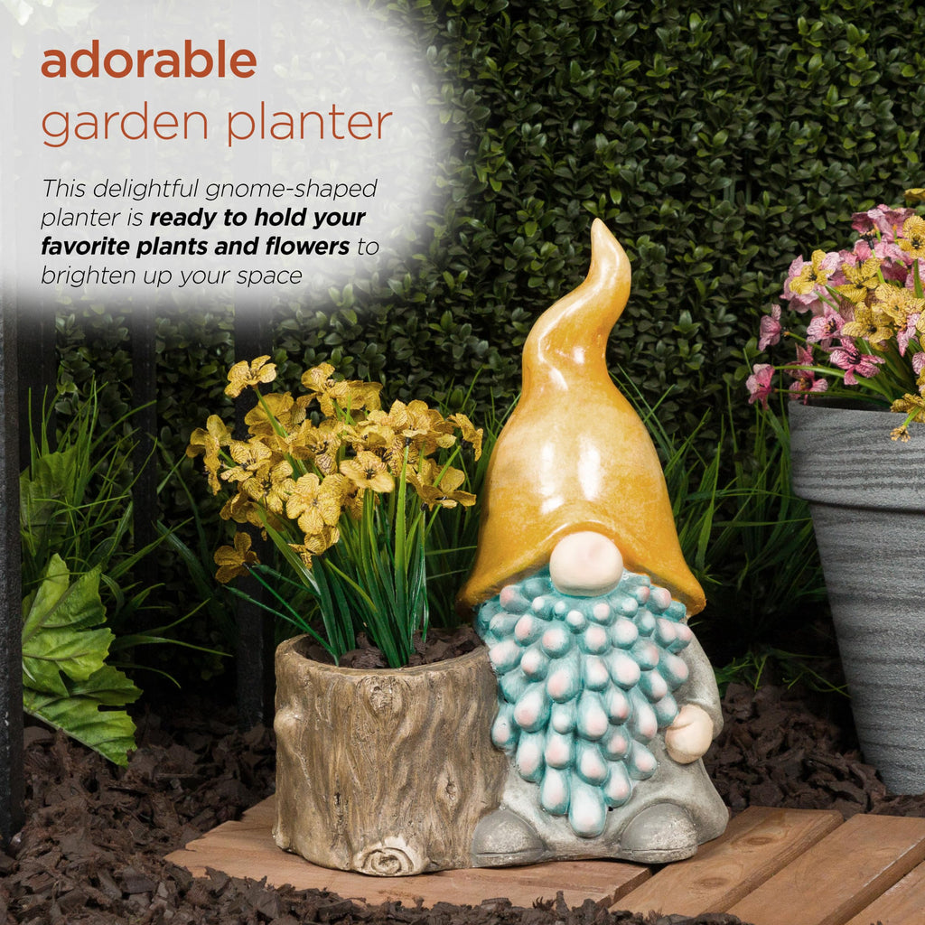 16" Tall Outdoor Yellow Hat Gnome Statue with Drainage Hole Planter, Weatherproof Garden Decor