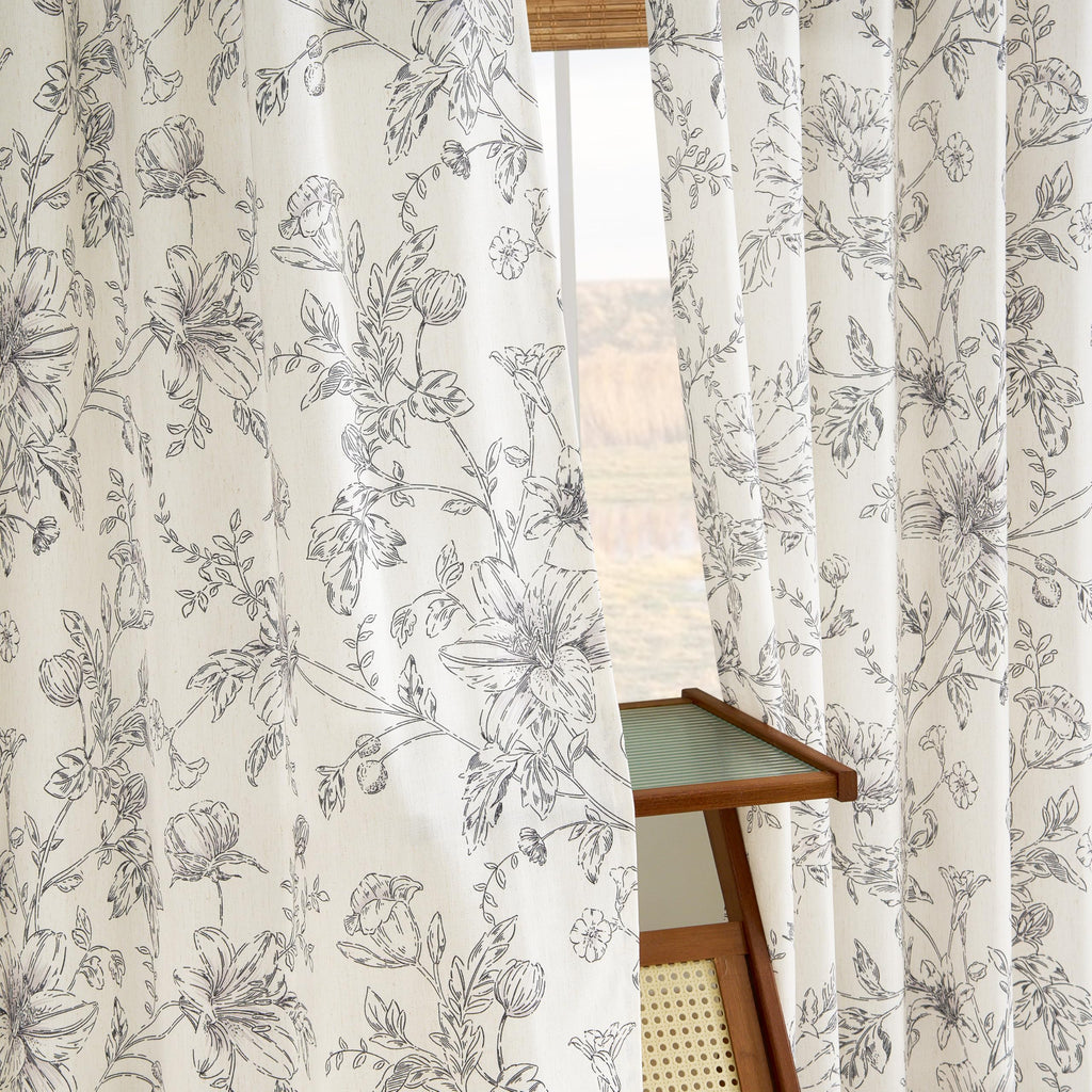 Black Flower Semi Sheer Linen Curtains Vintage Pinch Pleated Drapes 40x90