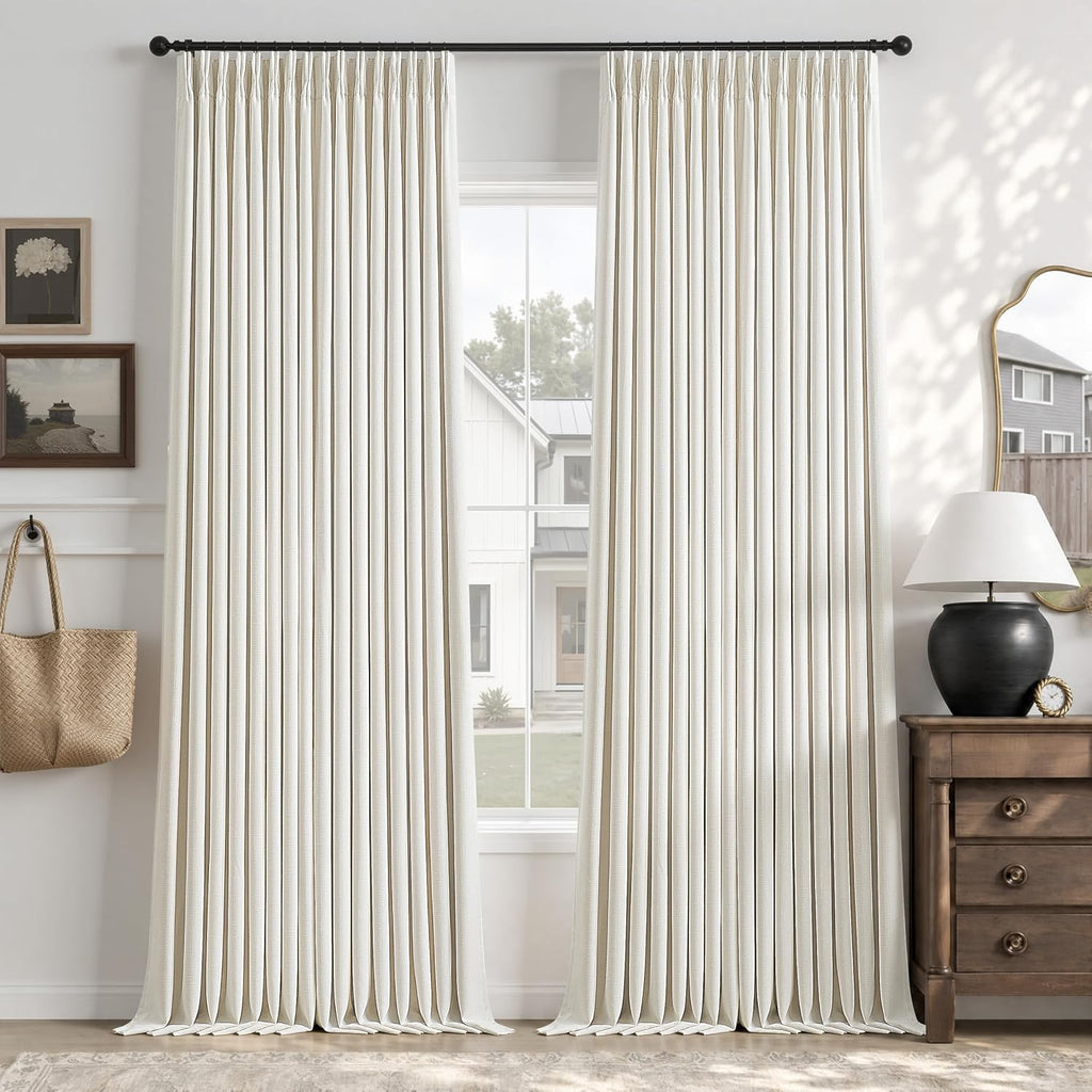 92 Inch Pinch Pleated 100% Blackout Linen Curtains for Bedroom 50 Inch Wide 2 Panels Double Layer Natural Pleat