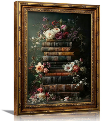 3D Textured Canvas Wall Art Vintage Carved Gold Frame Vintage Moody Flowers Books Wildflowers Relief Poster Print